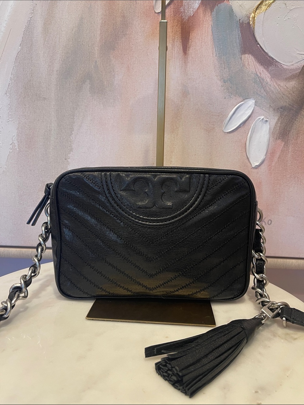 Tory Burch Black Leather Chevron Crossbody with Tassel
